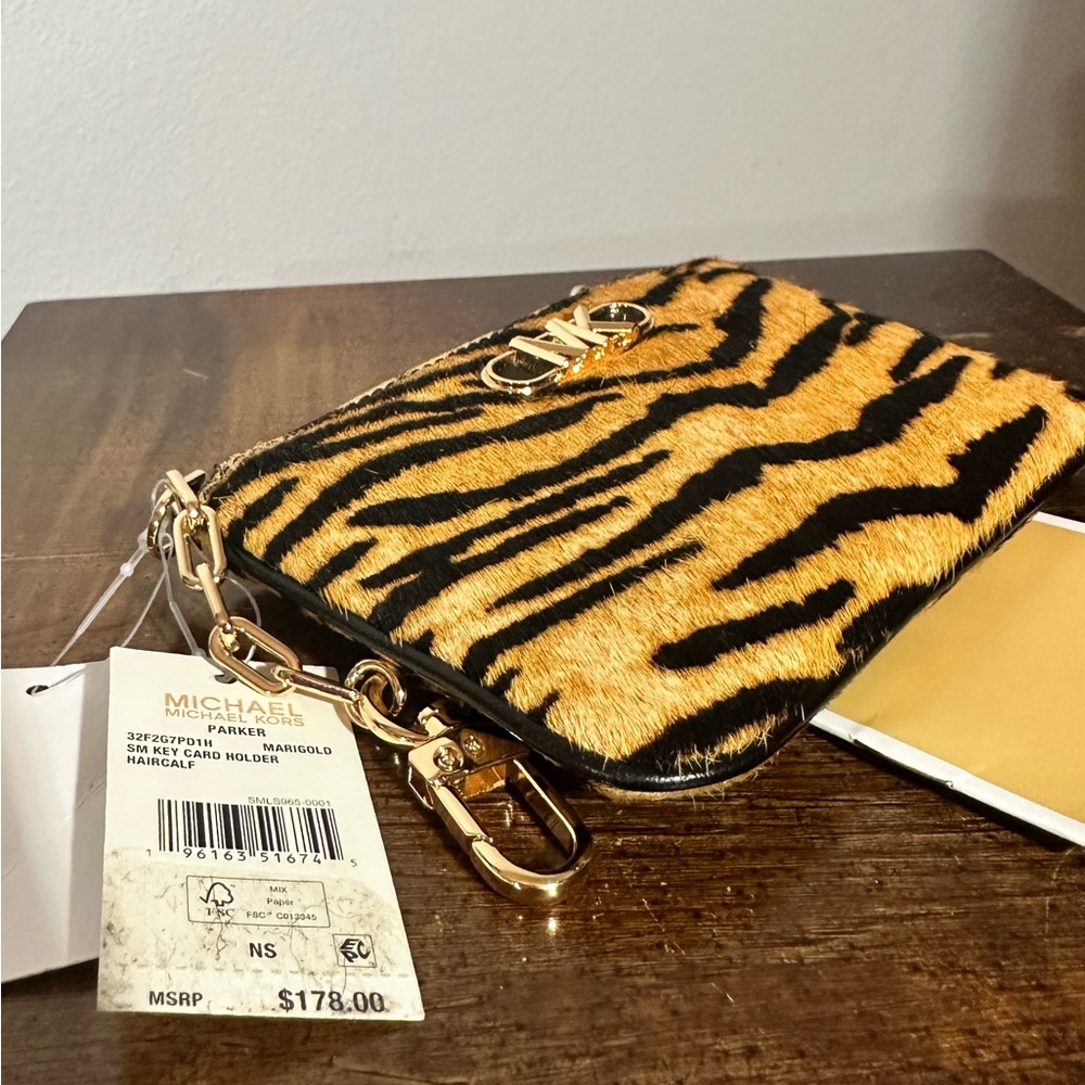 Michael Kors Parker Marigold Small Tiger Print Calf Hair Zip Key Card Holder - Picture 4 of 5